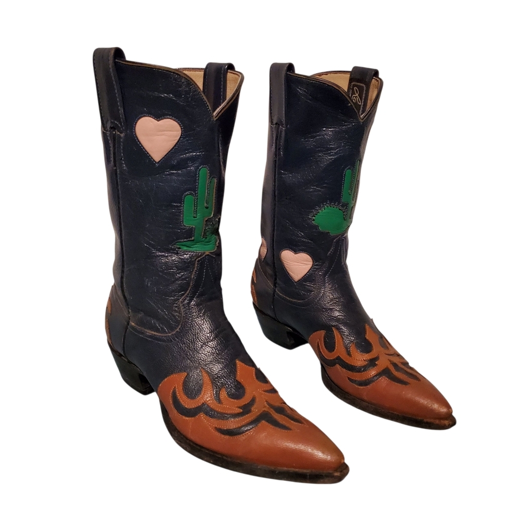 Vintage Larry Mahan Cactus/Heart Inlays Cowboy Western Boots Women's Size 7.5B - Picture 5 of 12